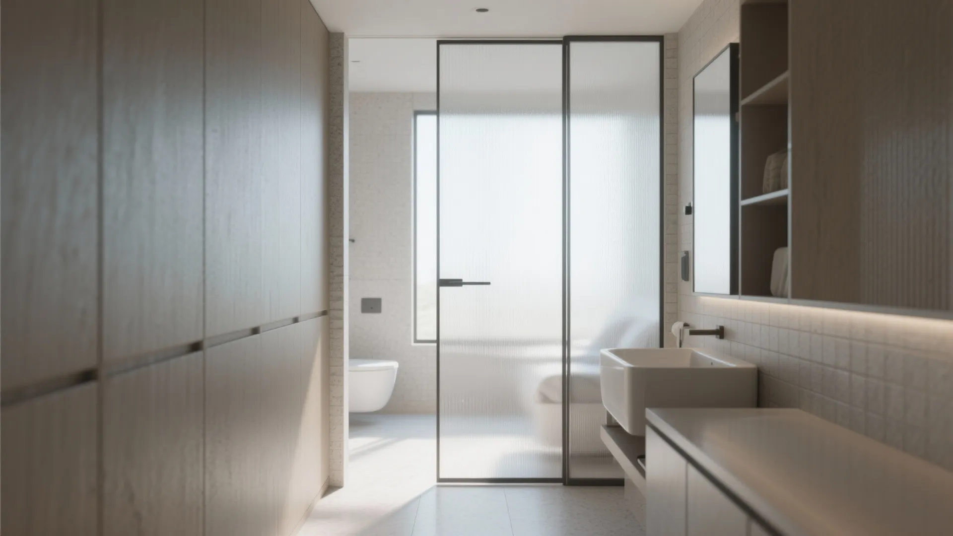 Modern bathroom layout with frosted glass door wooden wall panels white sink and wall mirror