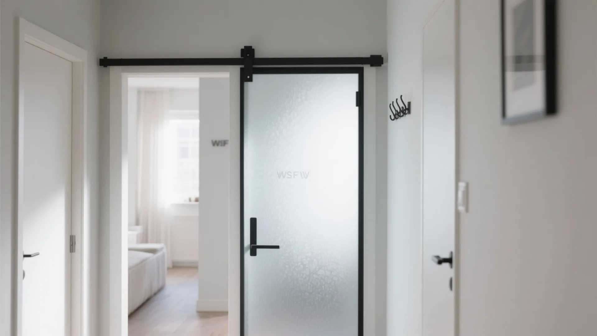 Modern white hallway featuring a black frame frosted glass sliding door leading into a living room