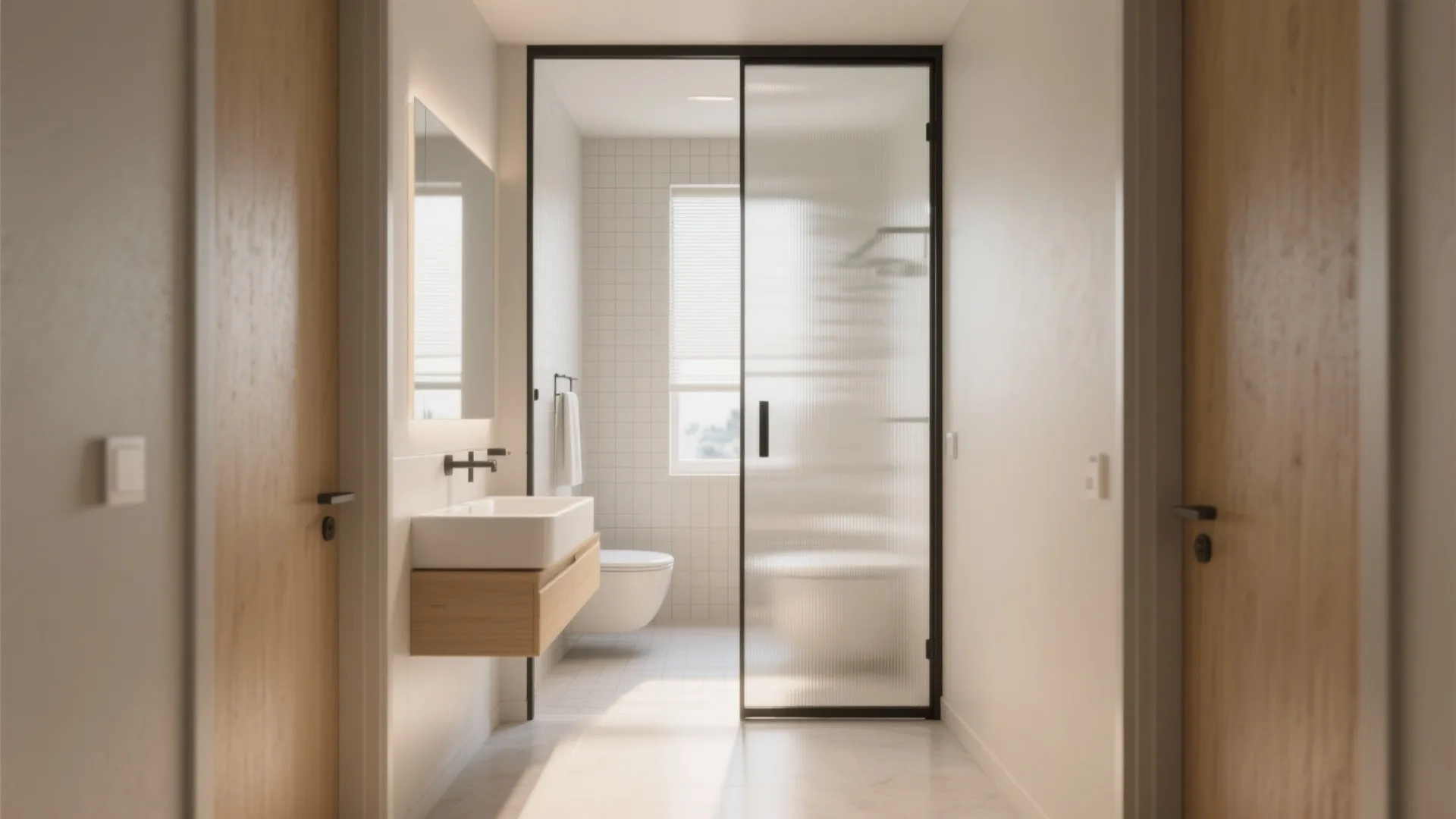 Modern bathroom with frosted glass sliding door wooden vanity white sink and light wall tiles