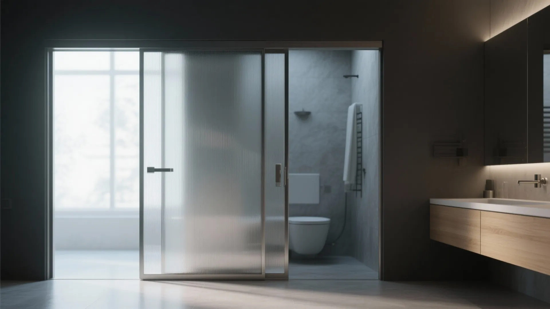 Modern bathroom featuring a frosted glass sliding door with wood cabinet and white sink counter