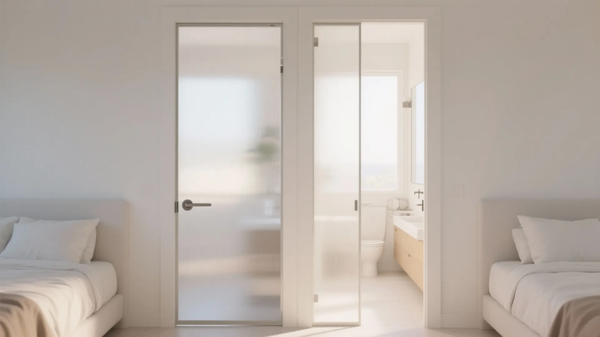 Frosted glass pocket door between two bedrooms allowing diffused light into a shared bathroom.