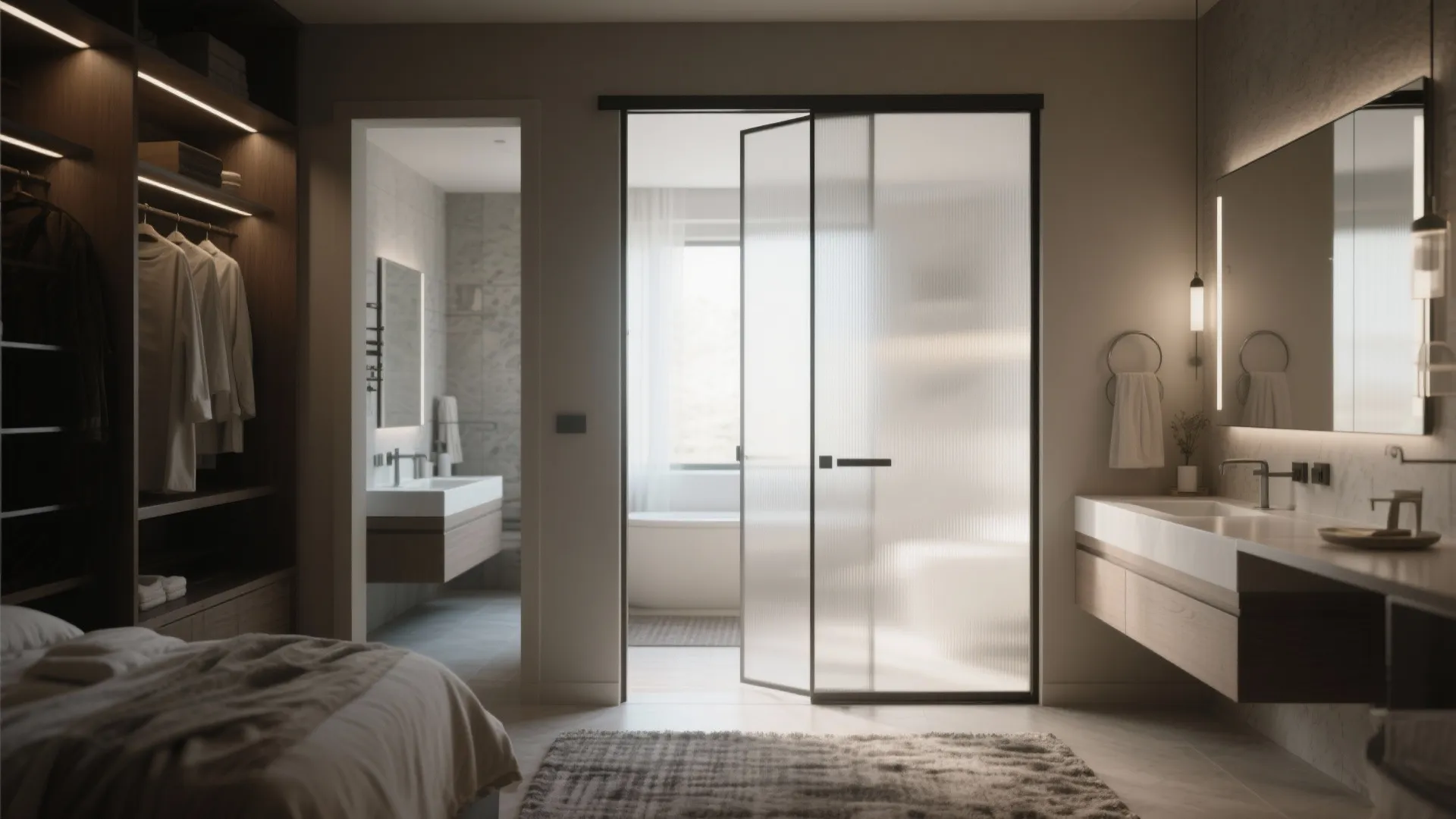 Frosted-glass pocket door allowing natural light from the bathroom into a dressing area
