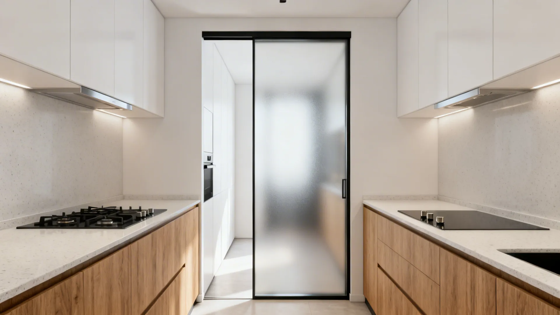1) Frosted pocket door for a slim, hygienic entry