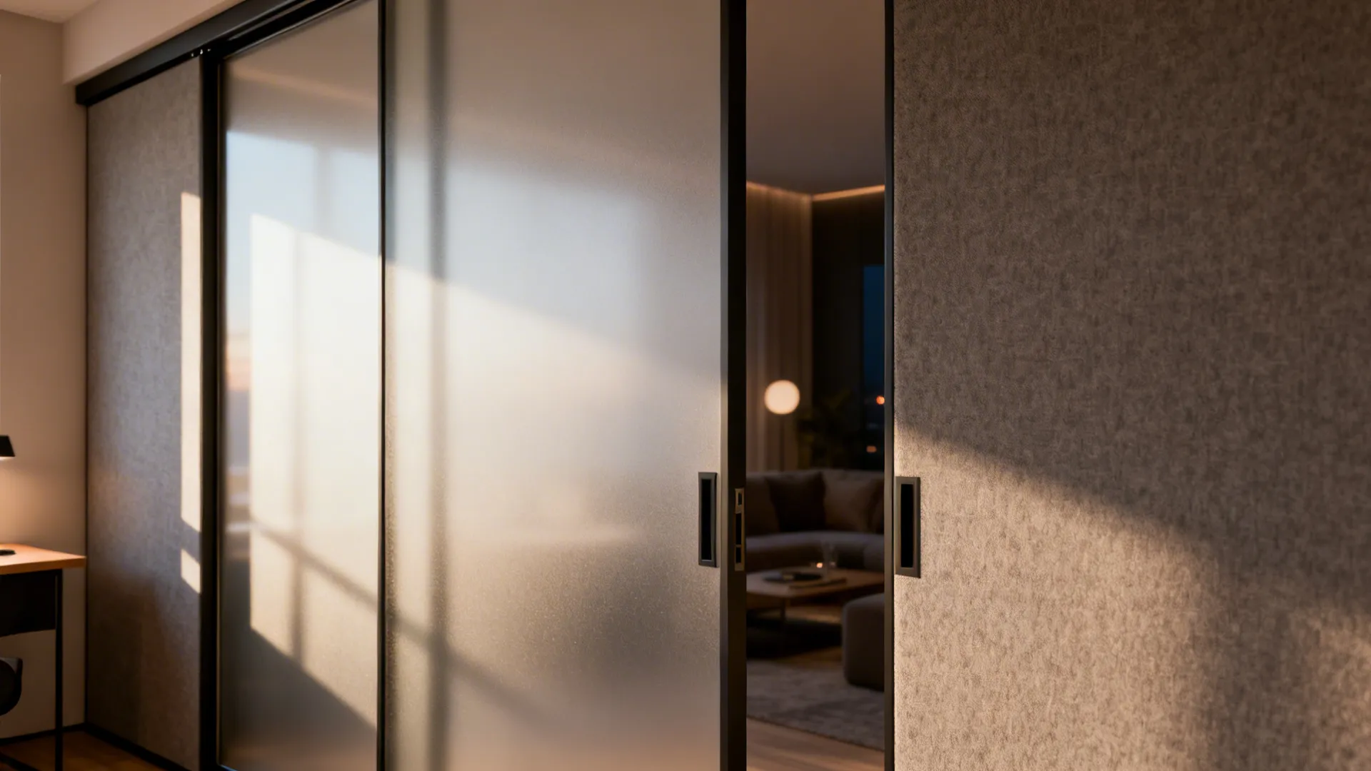 Sliding frosted glass doors and grey fabric wall panels opening into a modern living room