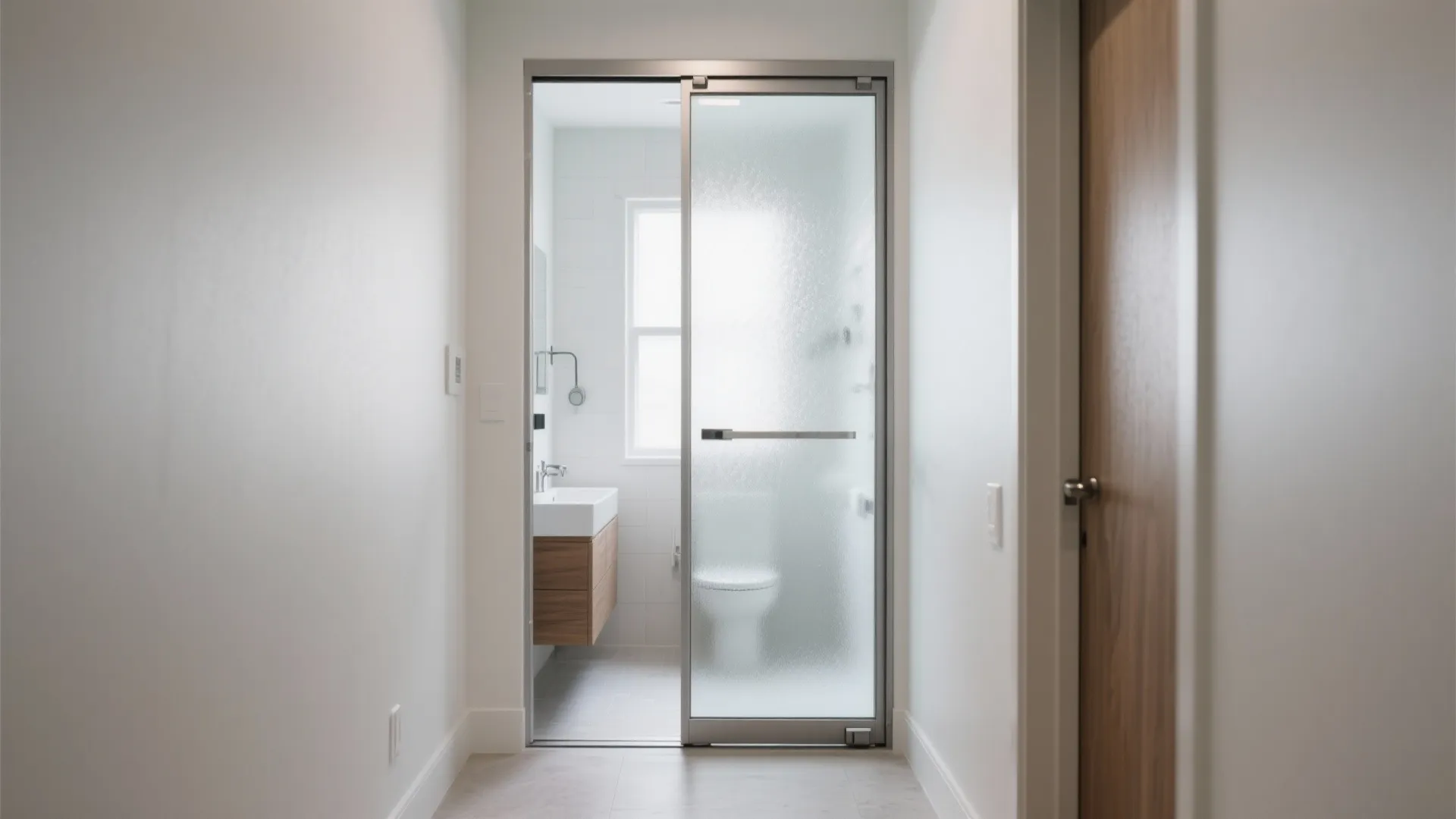 White hallway leading to a bathroom with frosted glass door wooden vanity and small bright window
