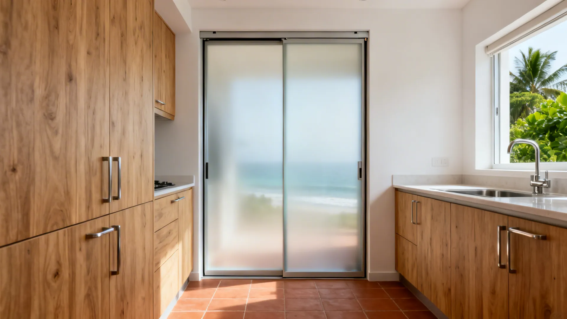 Frosted glass pocket doors in a Kerala galley kitchen diffusing sunlight and saving space.