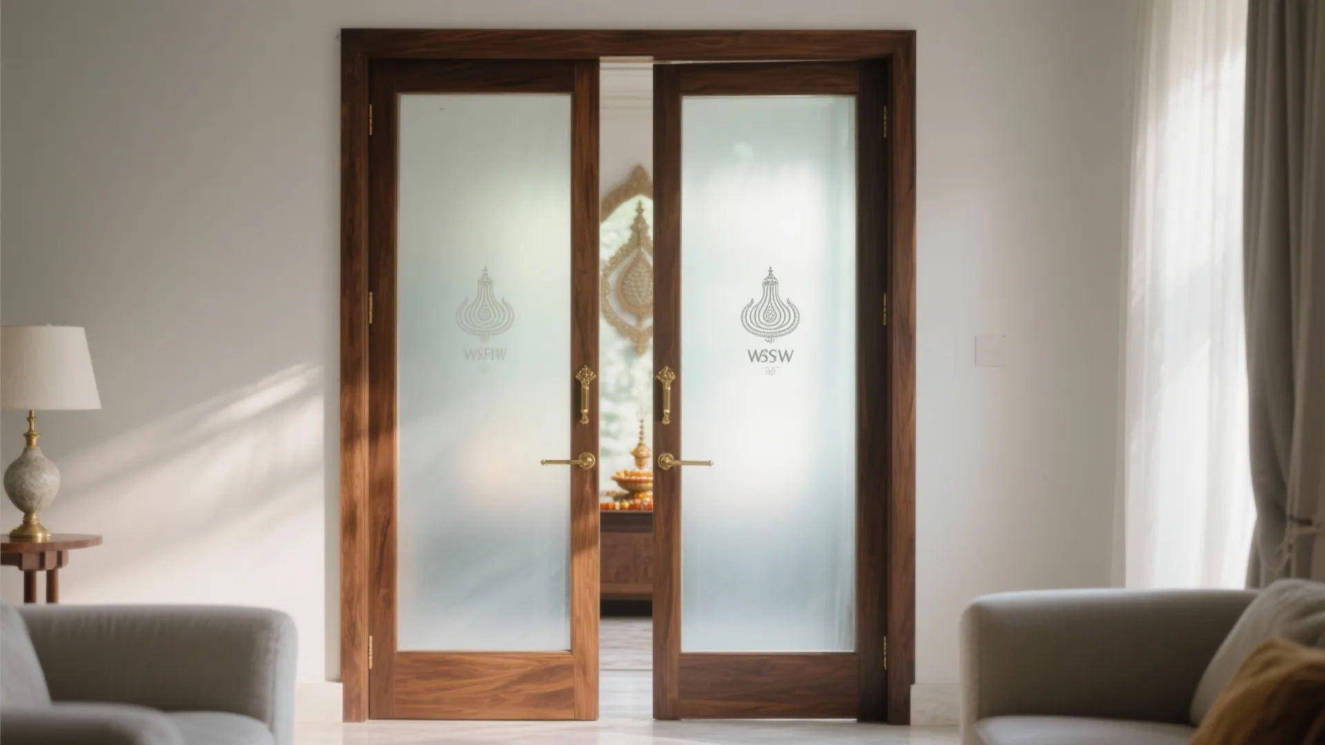 Frosted Glass with Warm Wood Frames for Privacy