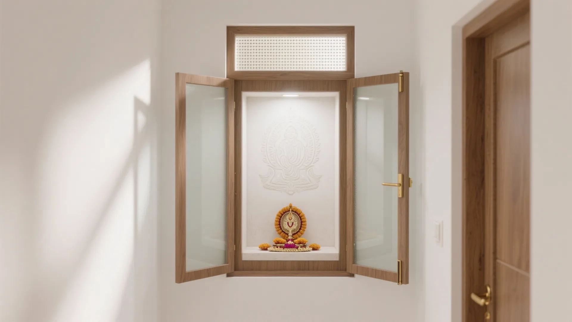 Small wall prayer cabinet with open wooden doors and frosted glass panels in white room wall