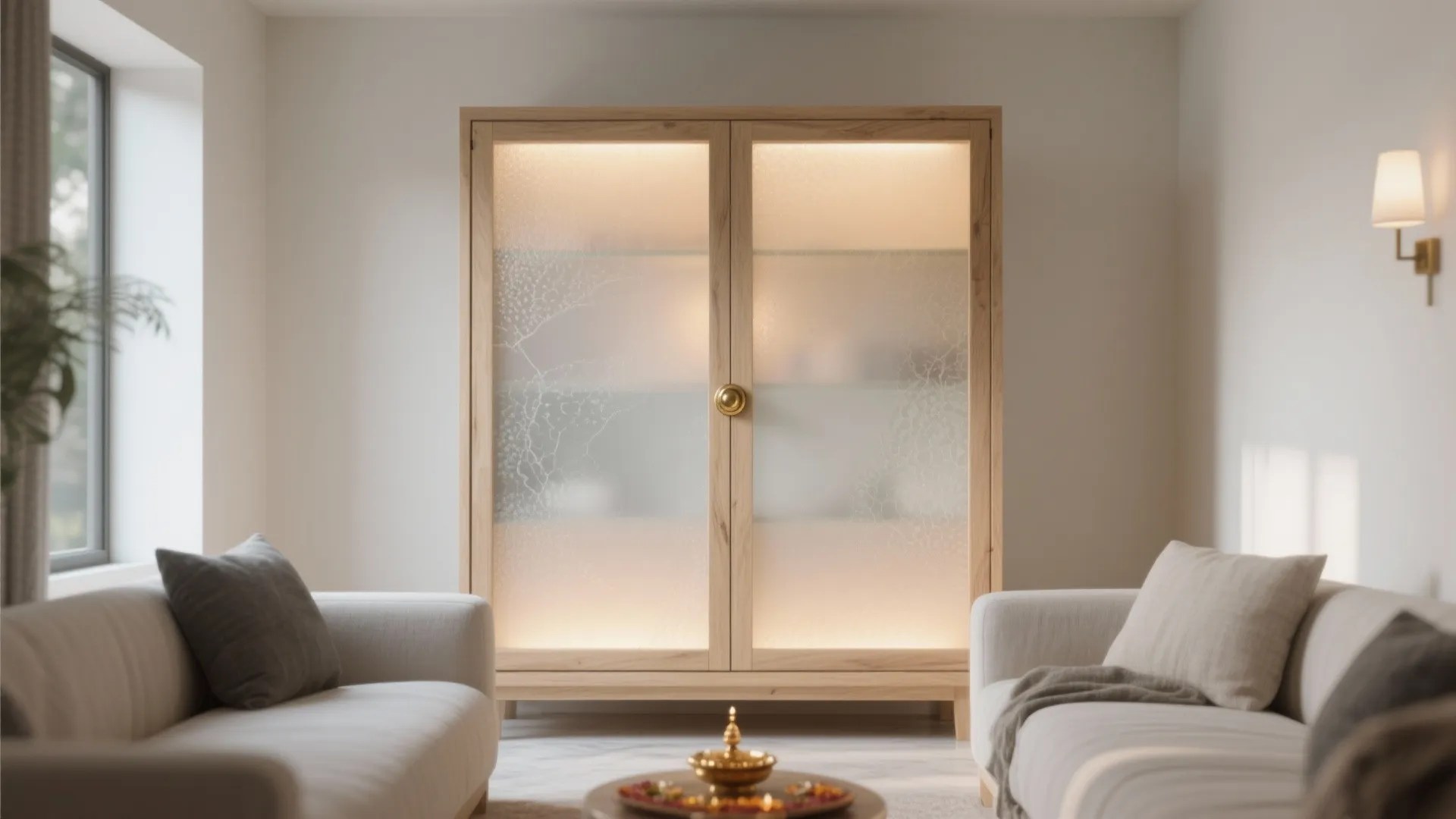 Wooden cabinet with frosted glass doors and internal lighting placed between two white modern sofas