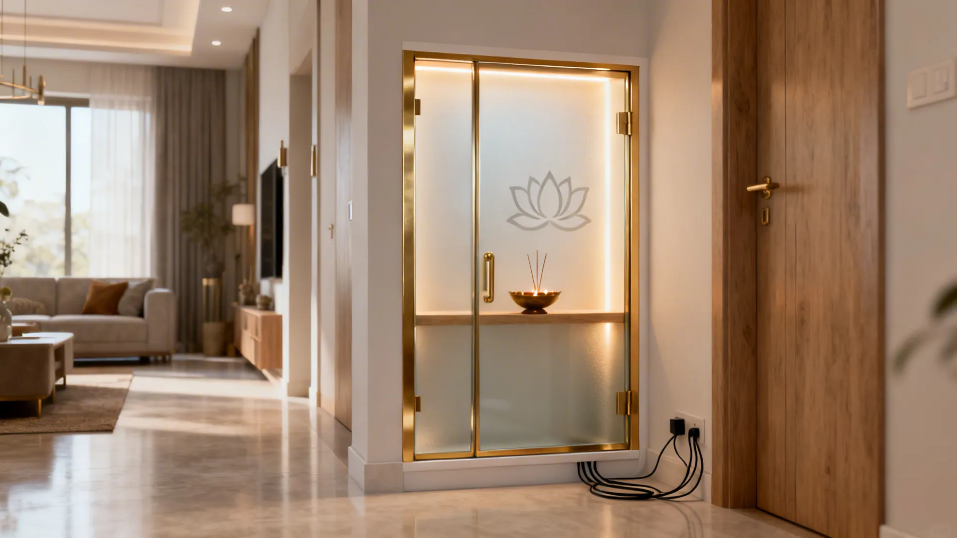 Modern prayer room with gold frame glass door featuring a lotus design and warm lighting