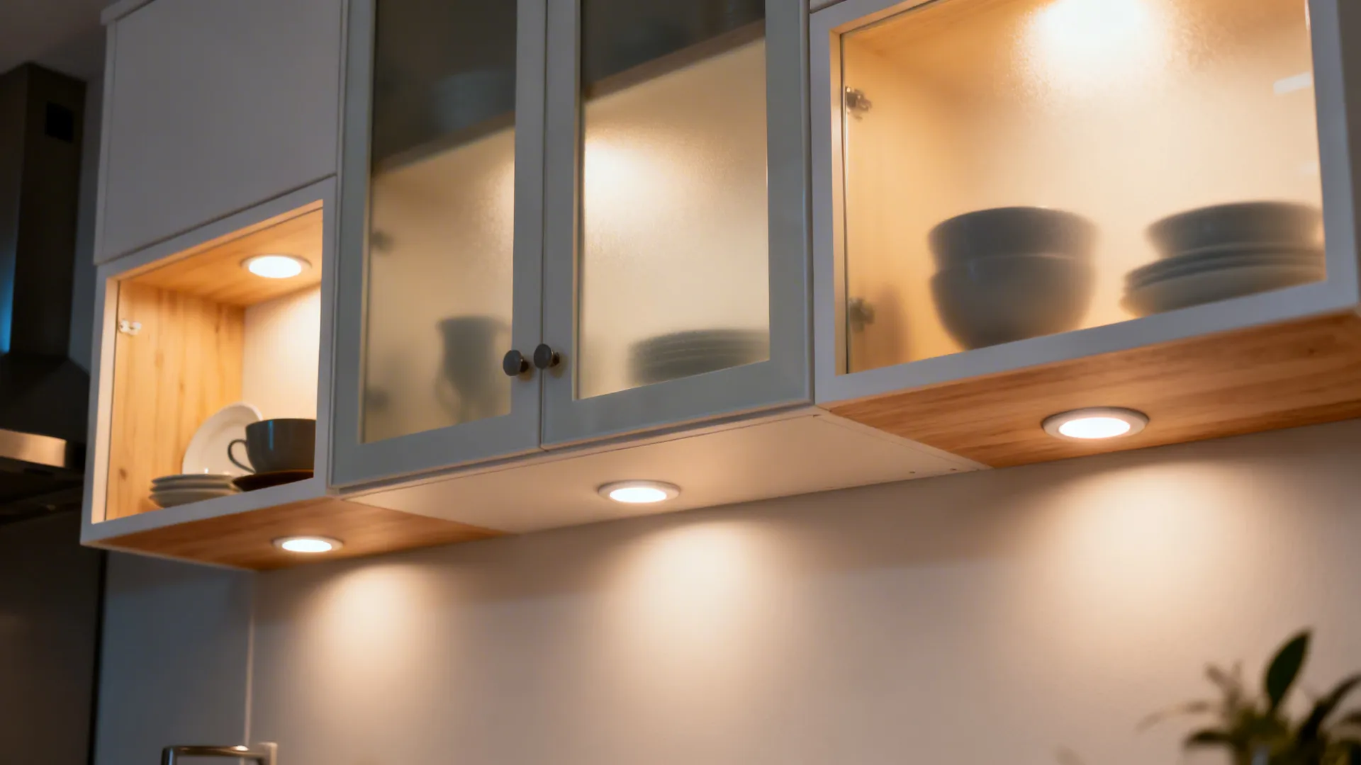 White kitchen cabinets with glass doors and small round lights shining warm light on walls