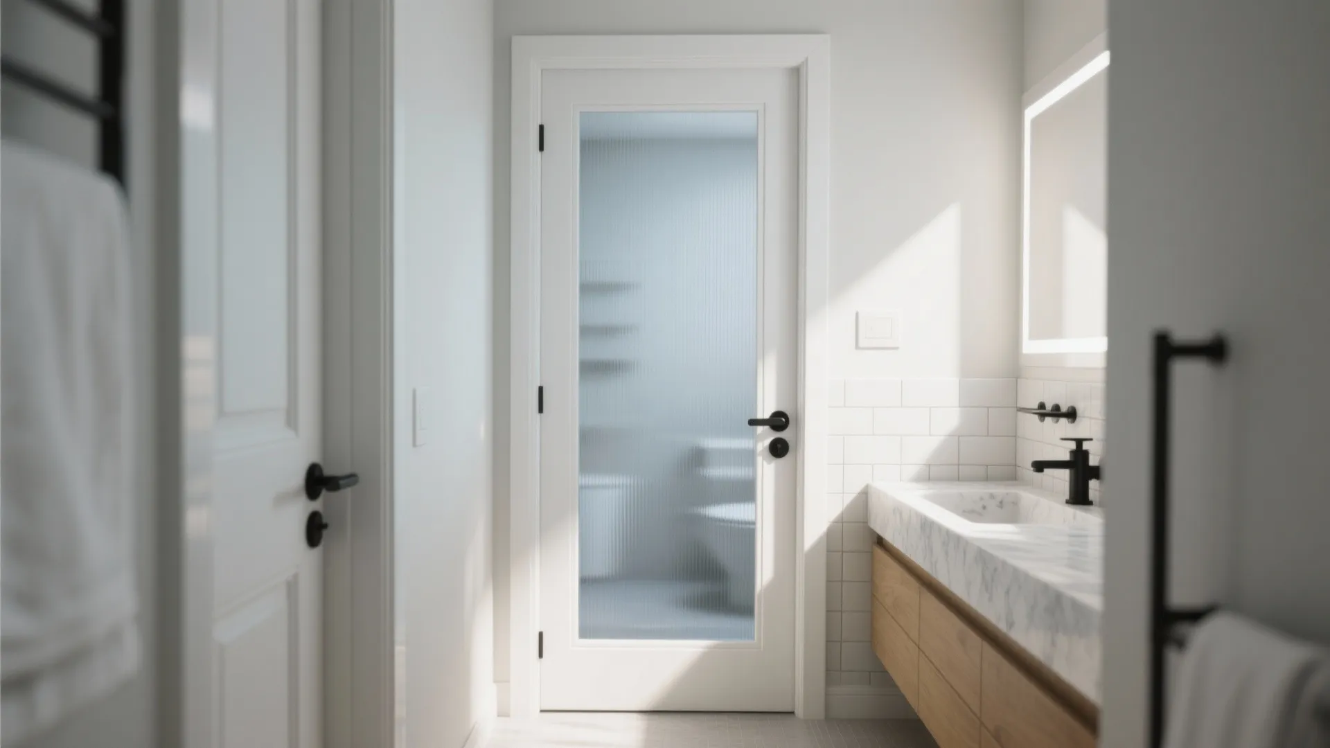 Bright bathroom featuring a white frosted glass door and a marble counter with black faucet