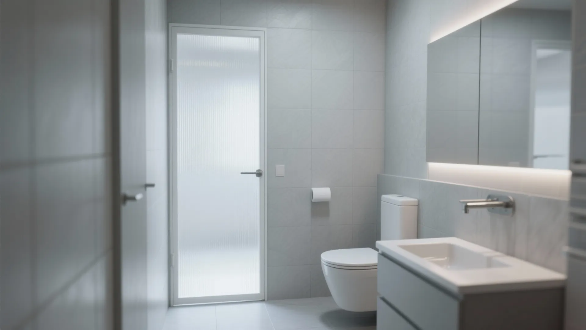 Modern grey bathroom with frosted glass door white frame toilet sink vanity and lit mirror