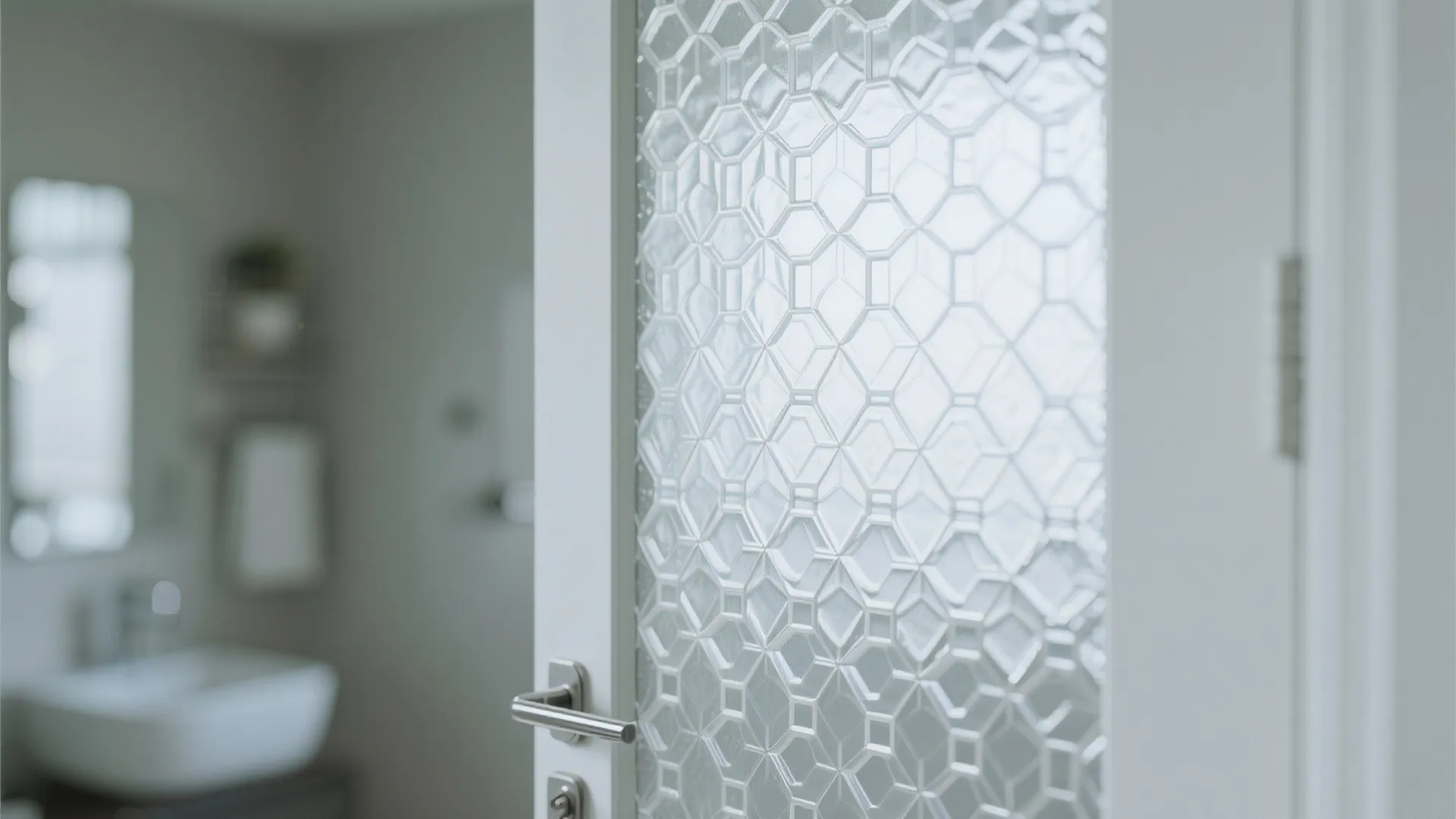 Close up of a white door with textured glass pattern in a bright modern bathroom