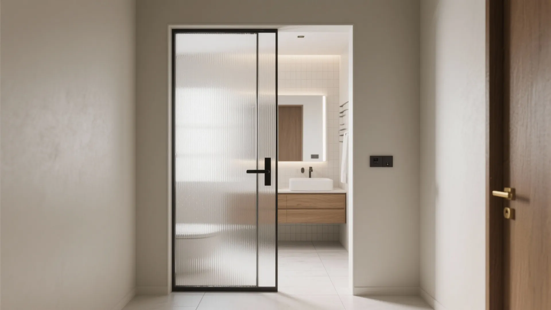 Modern bathroom with a frosted glass door and black handle leading into a white tiled