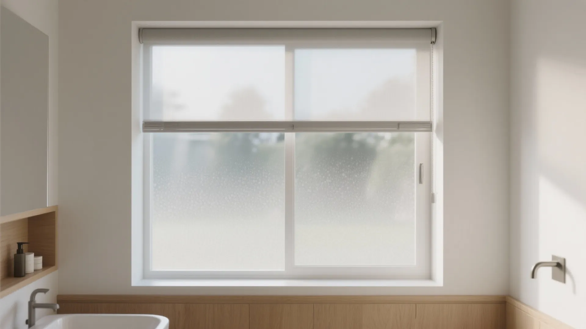 2. Frosted film paired with a slim roller shade