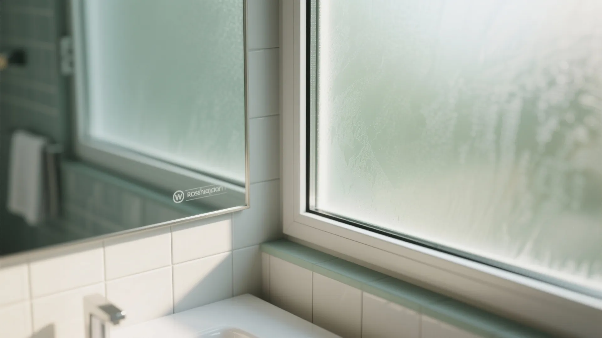Bright bathroom corner showing a frosted glass window next to a mirror and white tiles
