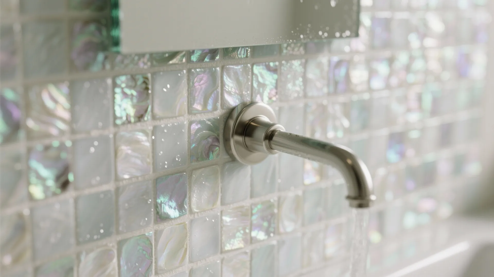 Silver metal water tap with flowing water against a decorative white and purple mosaic wall