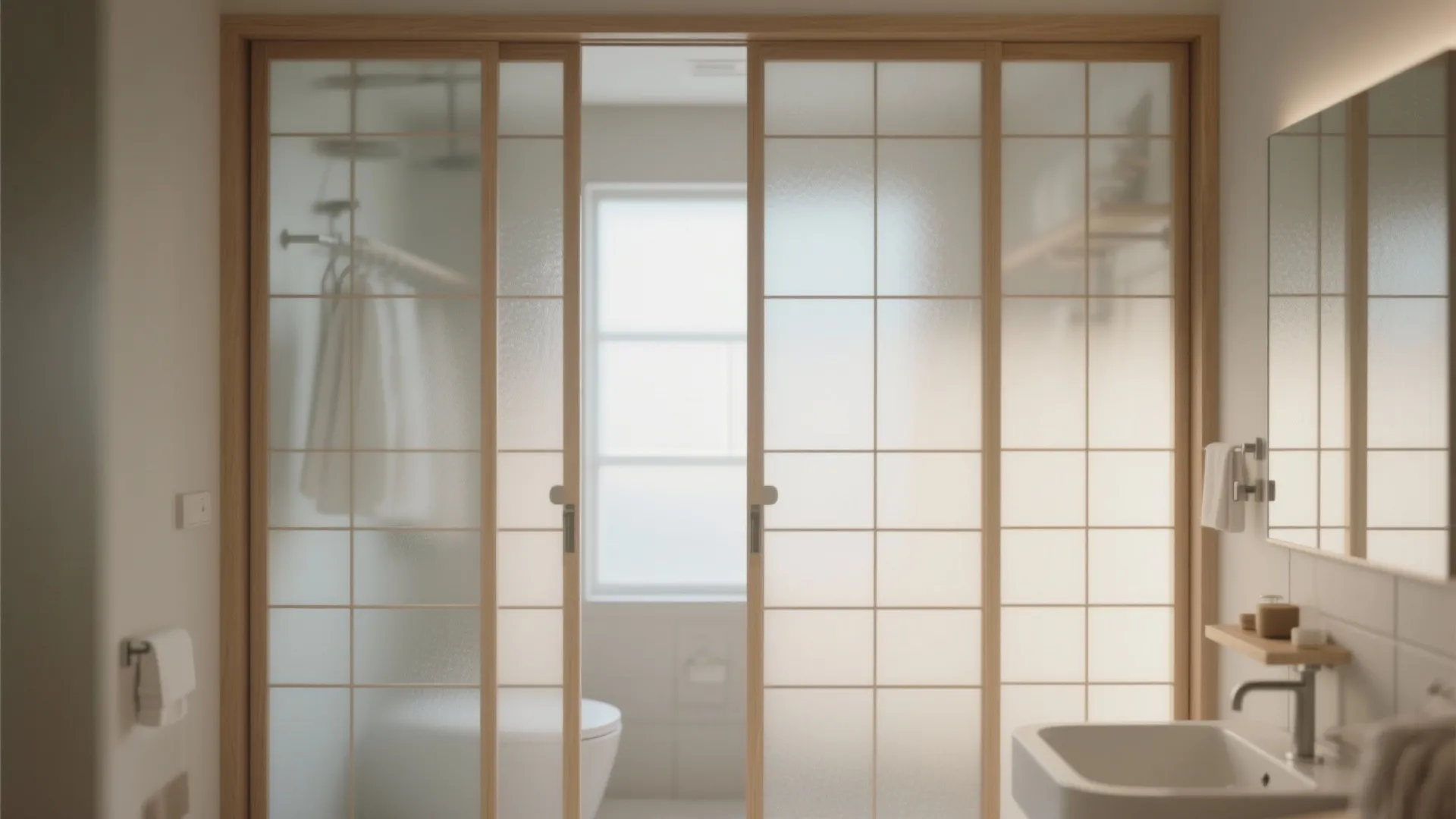 Bathroom interior with sliding glass doors featuring wooden frames and a white sink and mirror