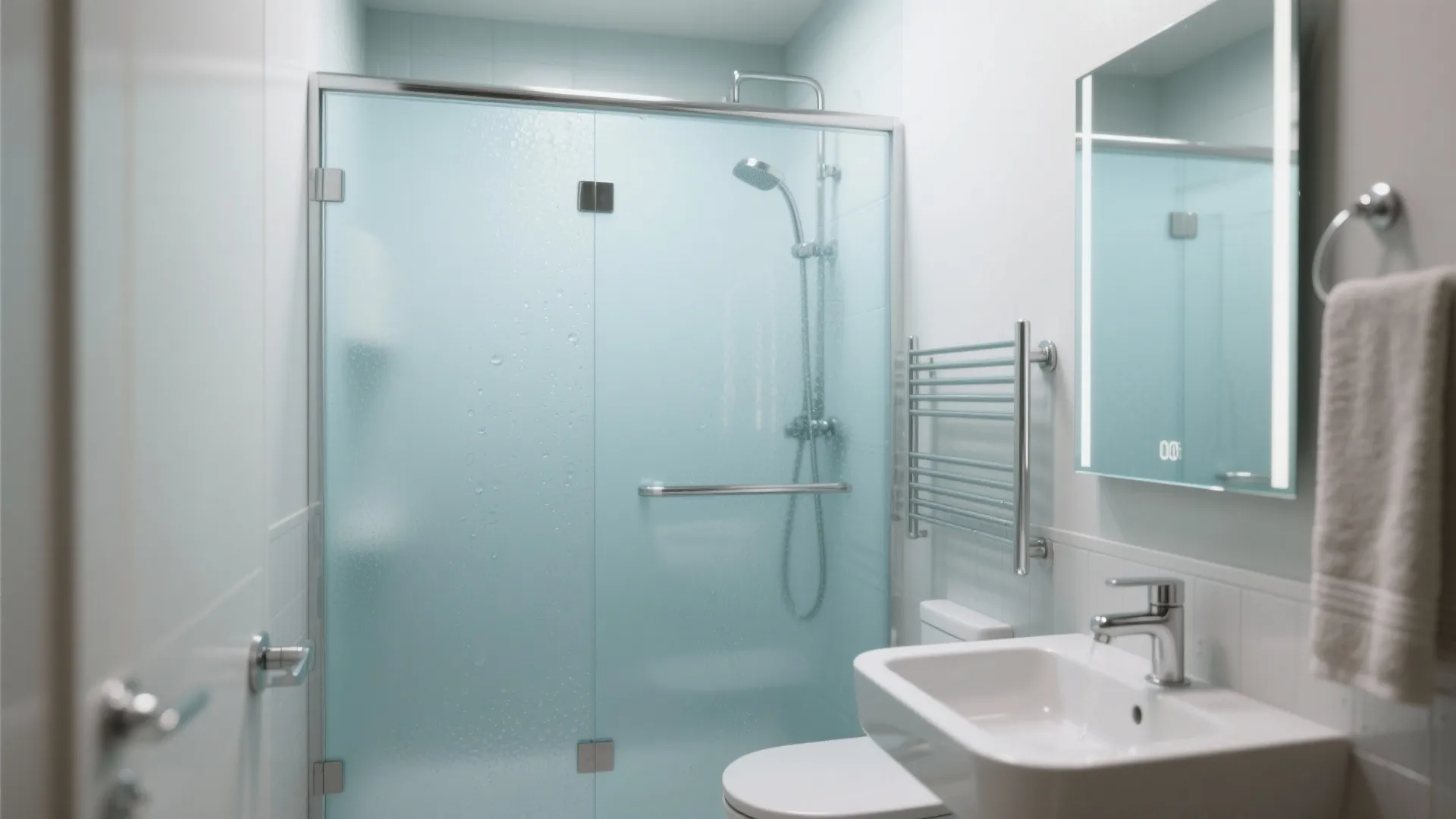 Small bathroom with frosted glass shower, blue-tinted hardware and chrome reflective accents.