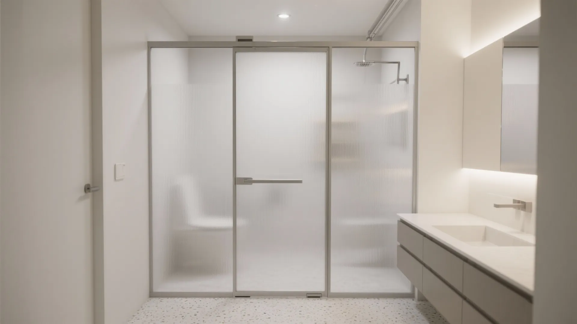 Frosted glass sliding bathroom door with ceiling track diffusing soft daylight for privacy.