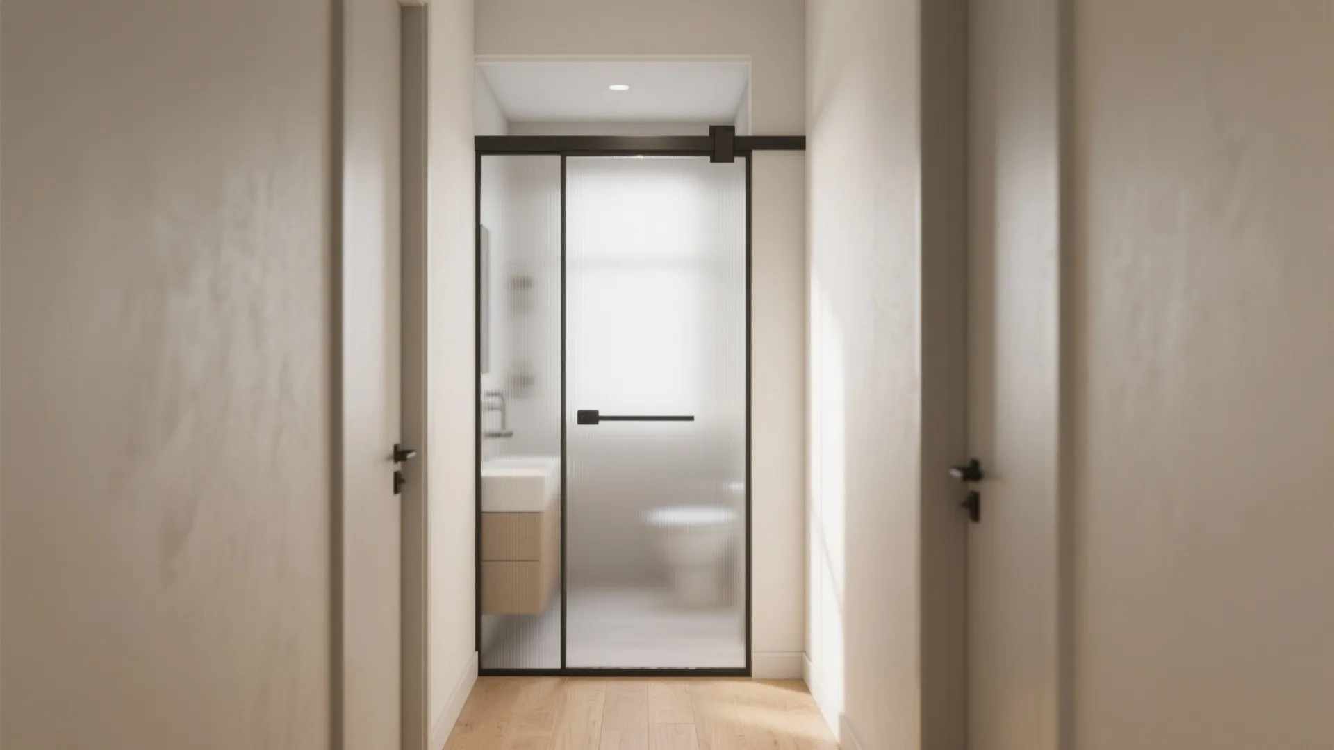 Minimalist hallway view looking toward a black framed frosted glass sliding door and white bathroom