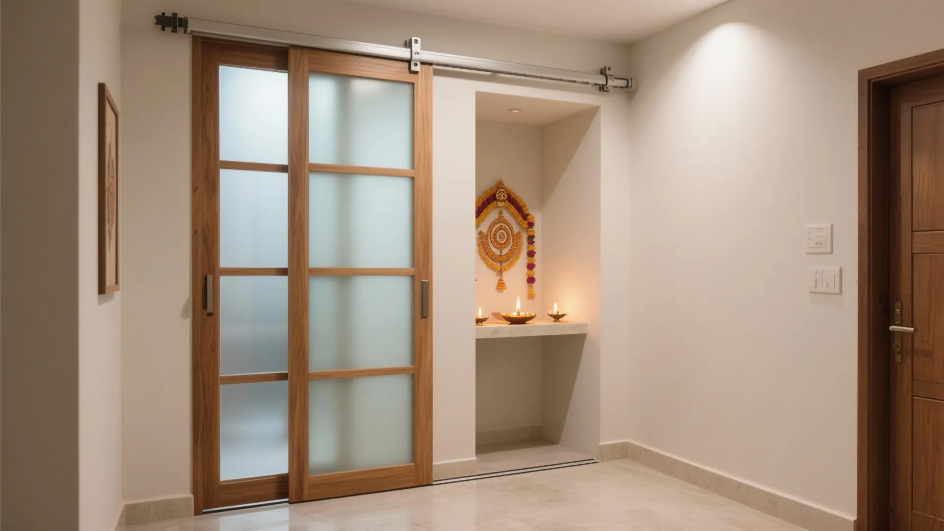 Sliding wooden door with frosted glass panels next to a small prayer space with lit lamps