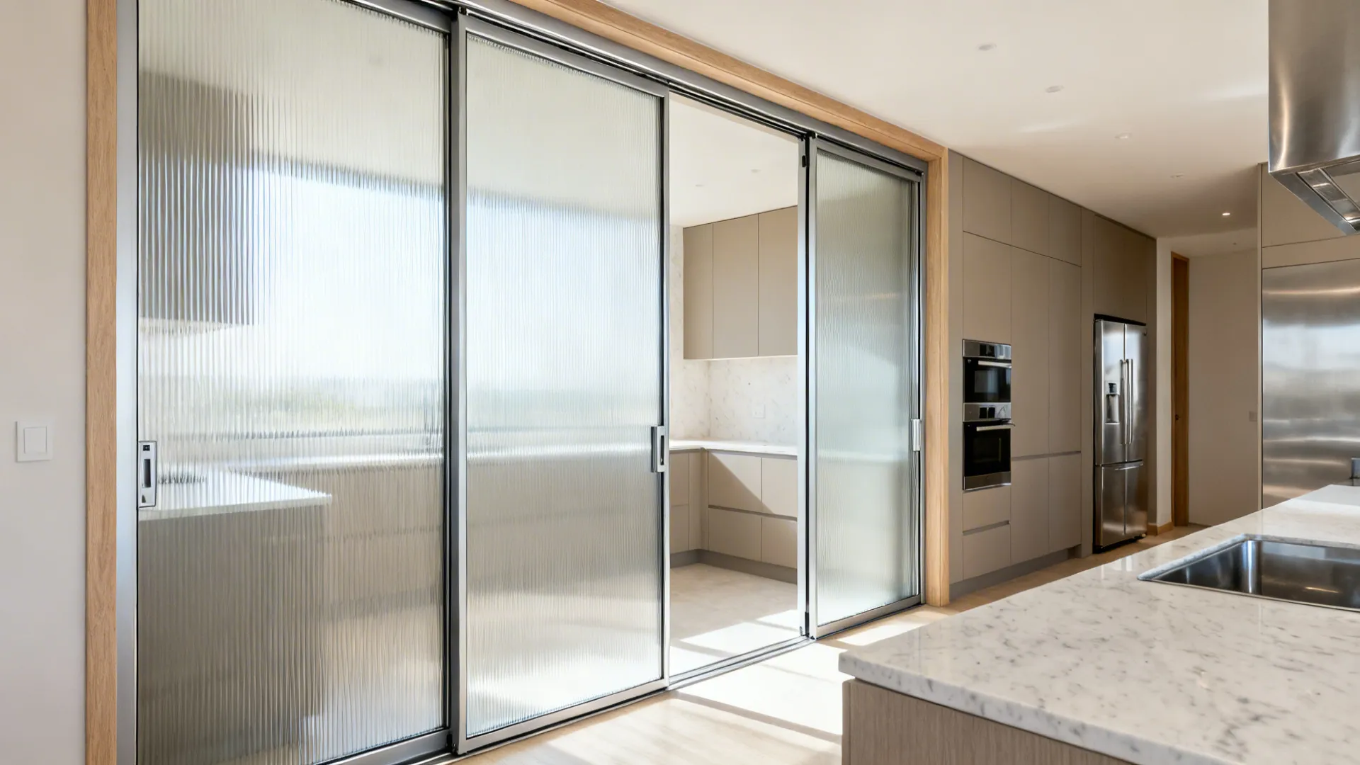 Slim aluminum-framed frosted glass sliding doors at a compact kitchen entrance.