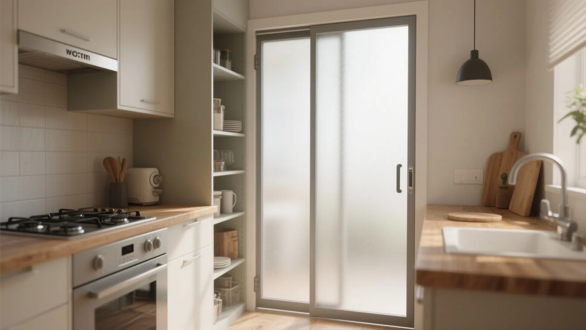 Modern kitchen with white cabinets wooden countertop and frosted glass sliding door leading to pantry