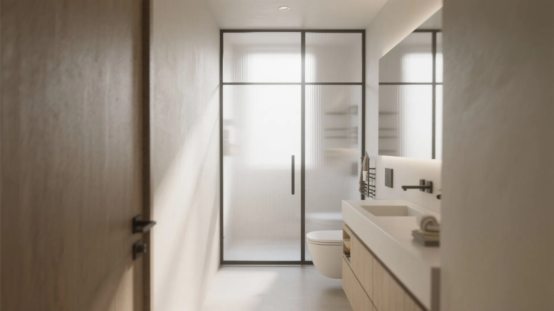 Modern bathroom with frosted glass sliding door black metal frame white toilet and wooden vanity unit