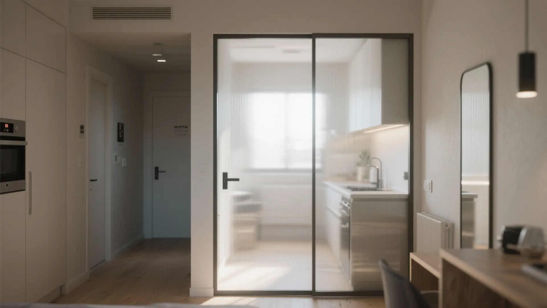 Frosted glass sliding door with black frame separates a white kitchen from the light wooden hallway