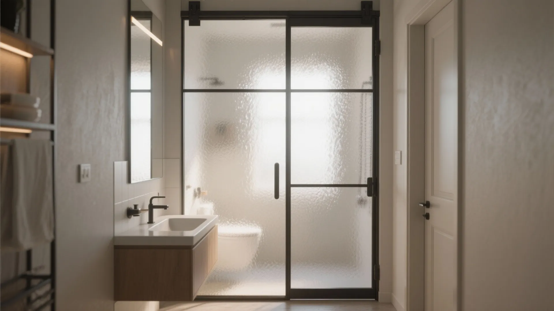 Studio bathroom divided by a frosted sliding glass barn door allowing light while preserving privacy