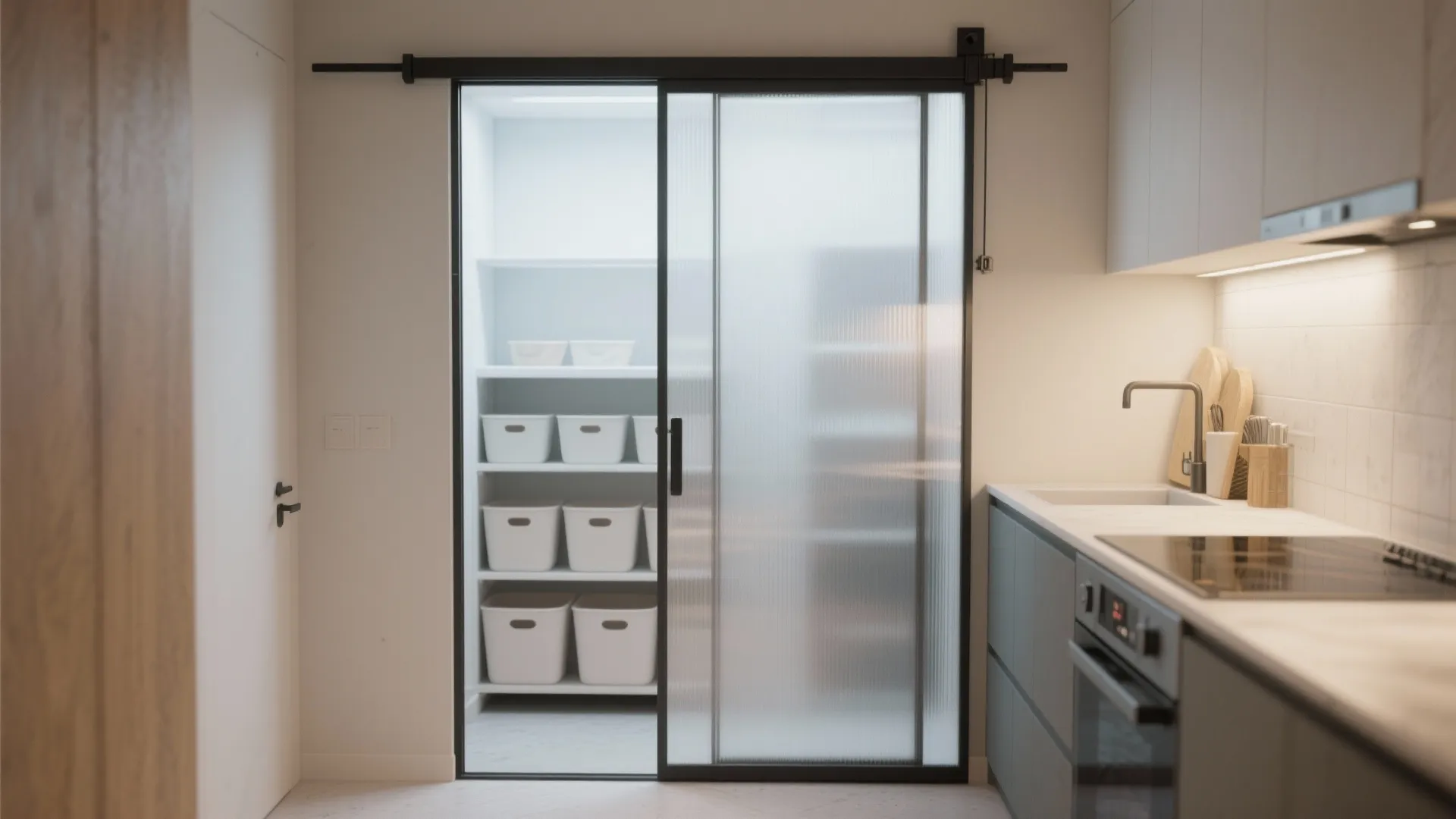 Galley kitchen with a sliding frosted glass pantry door that lets light through while concealing contents.