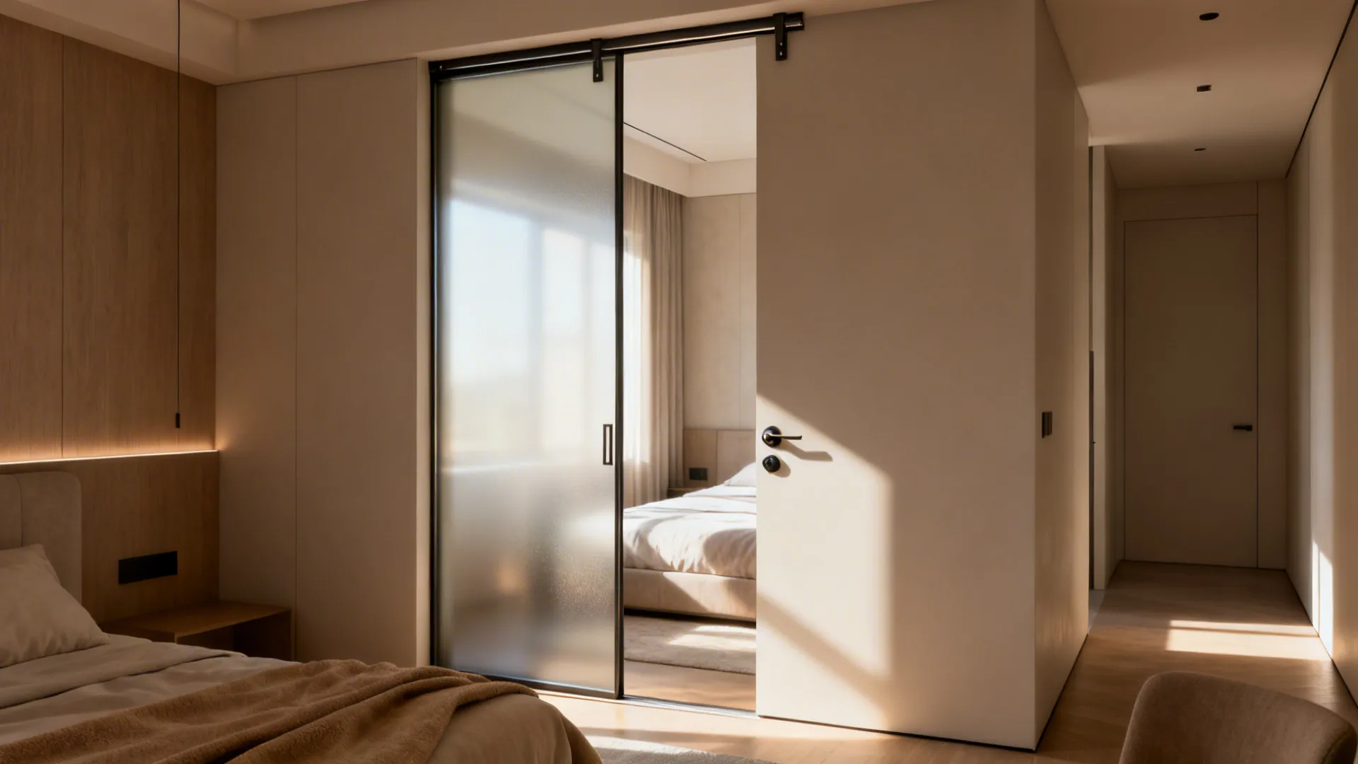 Frosted glass sliding door dividing a compact living area and bedroom, preserving daylight and privacy.