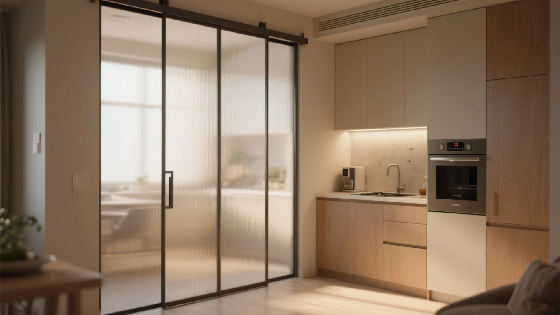 Modern kitchen with frosted glass sliding doors separating the room from a light wood cabinet area