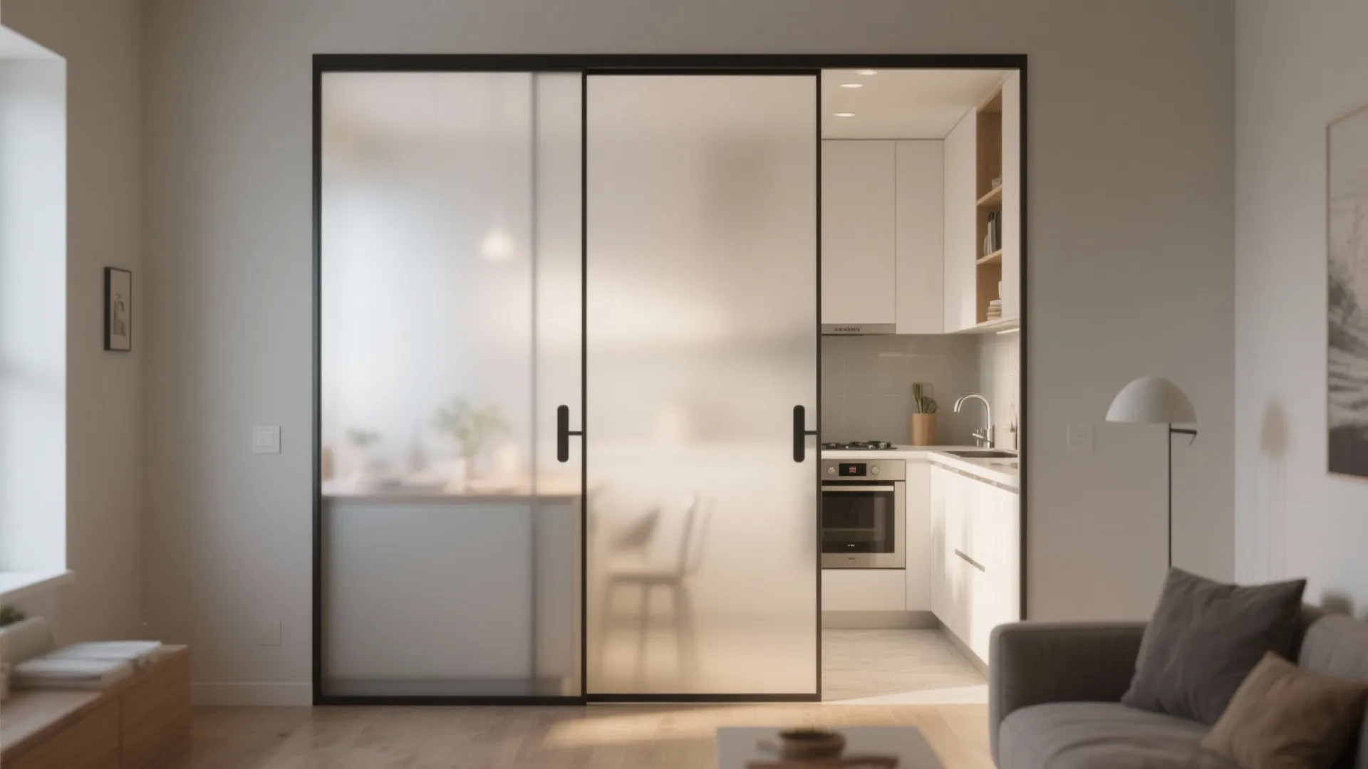 Modern frosted glass sliding doors separating a neutral living room from a white compact kitchen