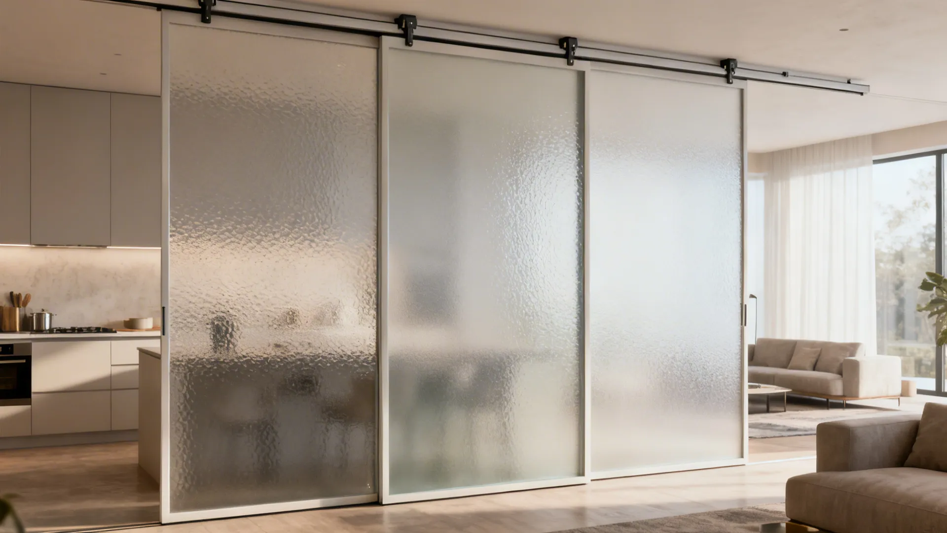 Sliding frosted glass panels between kitchen and living room, partially closed to allow light and privacy.