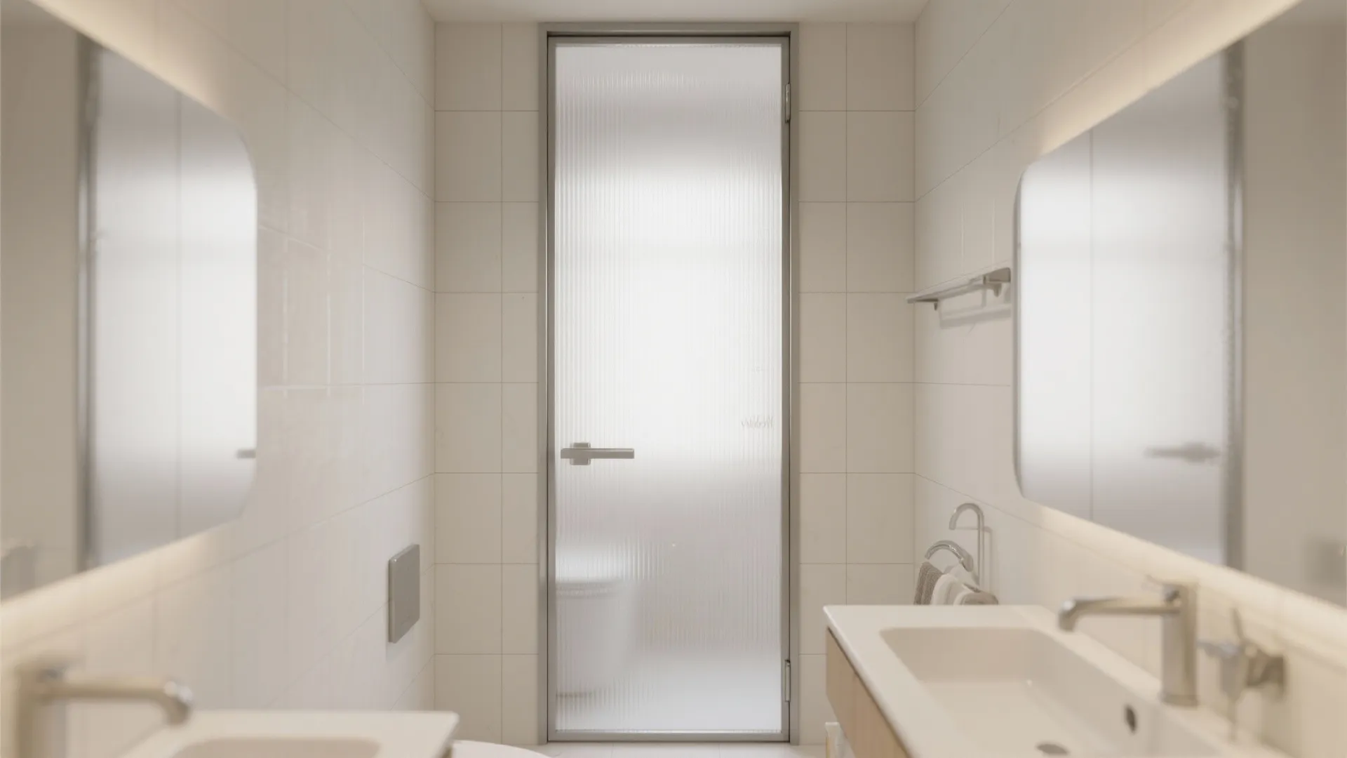 Modern white bathroom featuring frosted glass door with slim frame and minimalist sinks with mirrors