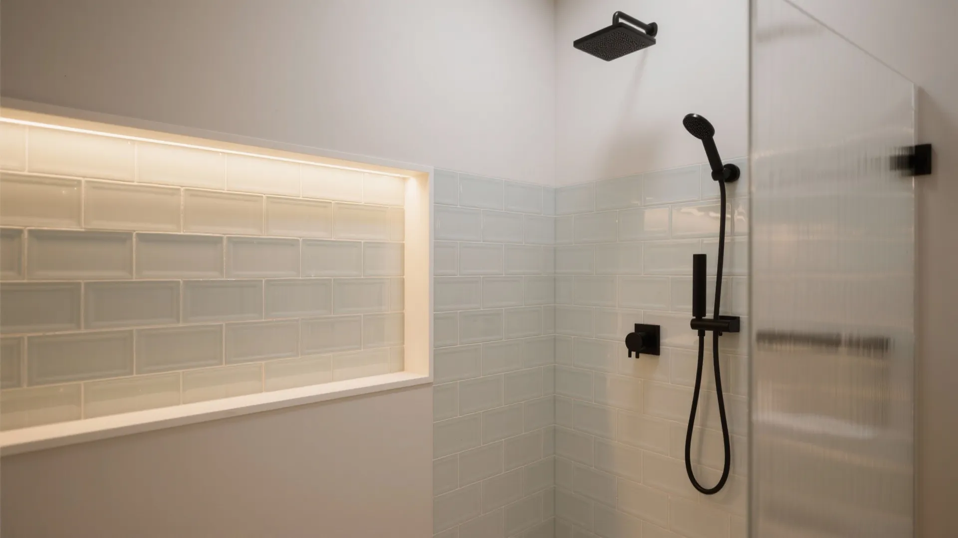 Shower with frosted glass subway tiles and warm lighting for a soft, low-glare look.