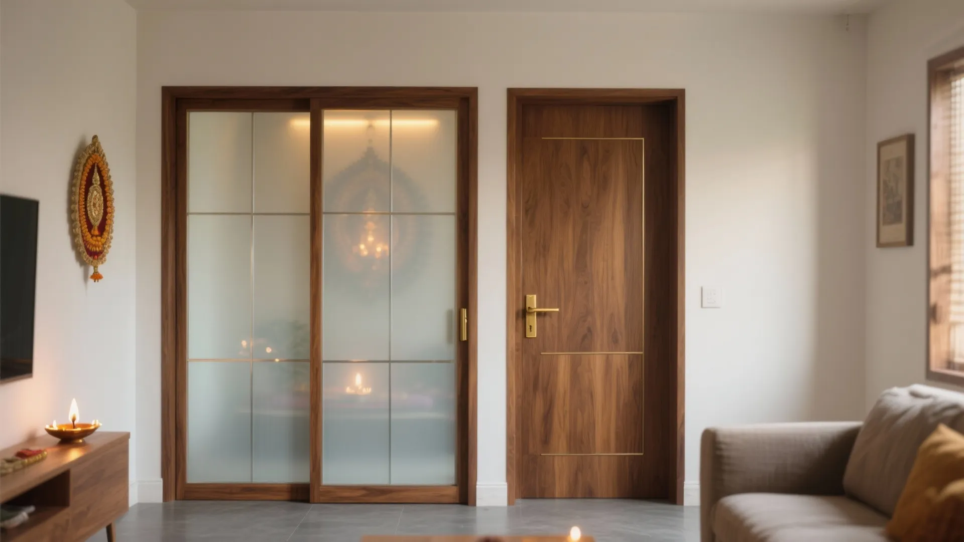 Wooden sliding glass door next to solid wood door in white room with beige sofa