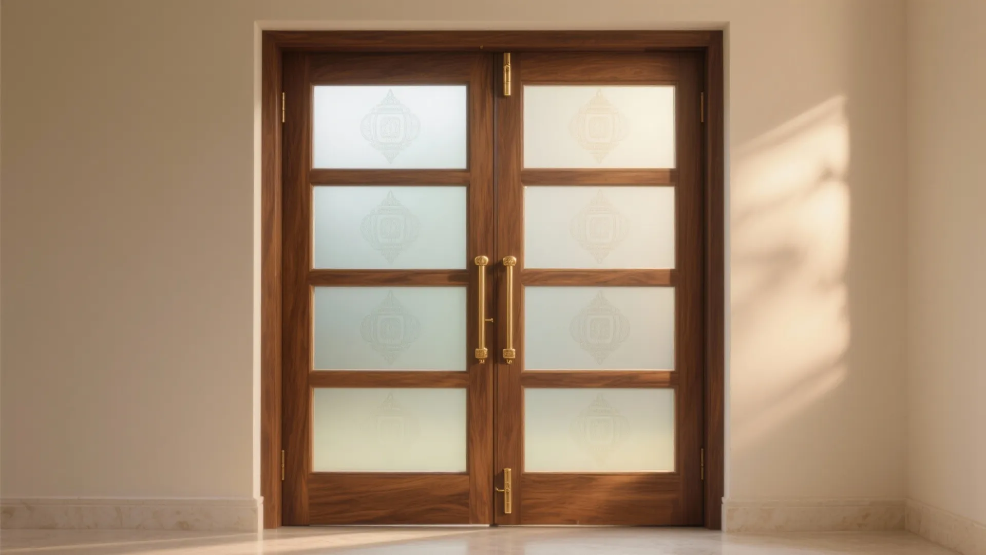 Double wooden doors with frosted glass panels golden handles and warm sunlight on the white walls