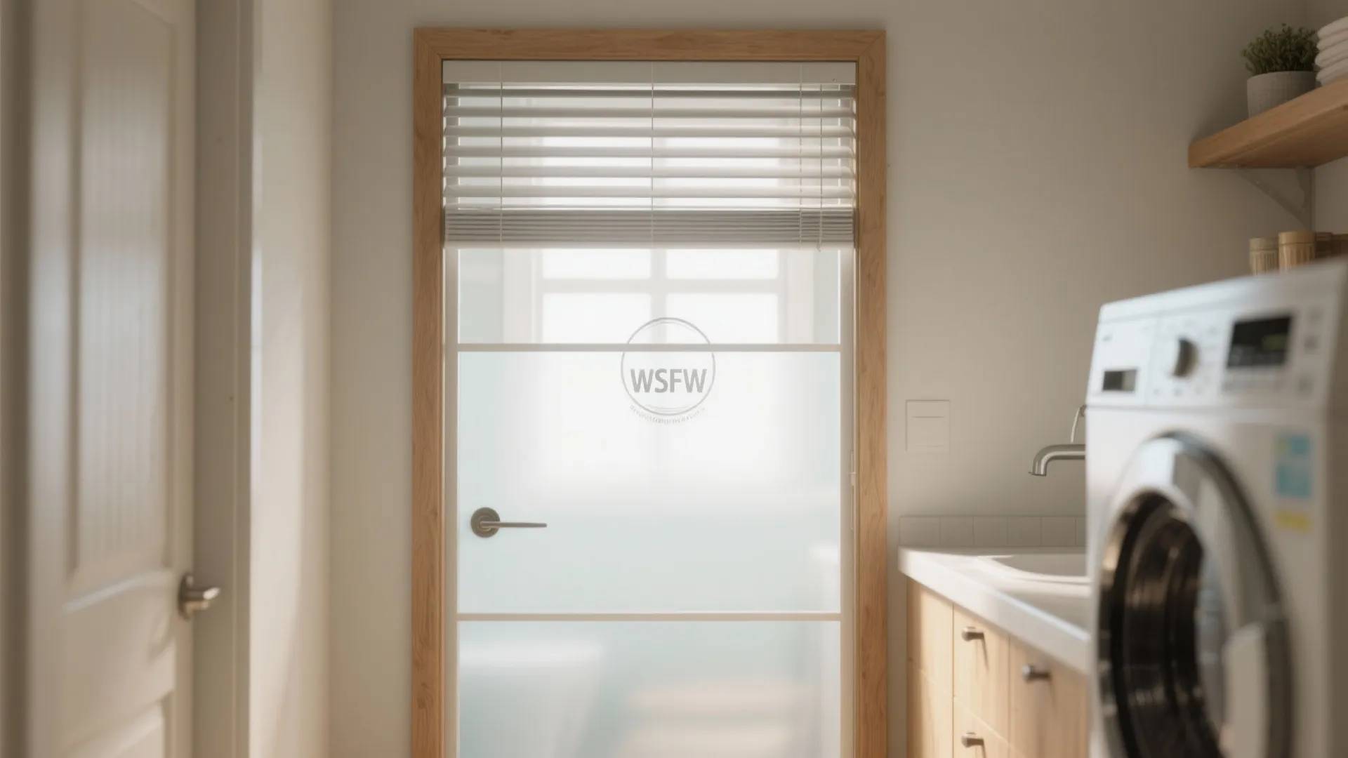 Modern laundry room with frosted glass door wood frame white washing machine and wooden storage cabinet