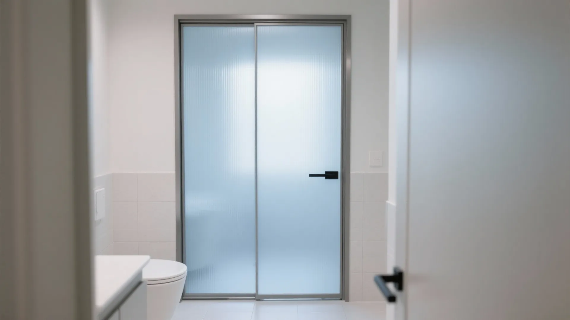 Minimalist white bathroom featuring a frosted glass sliding door with silver trim and a white toilet