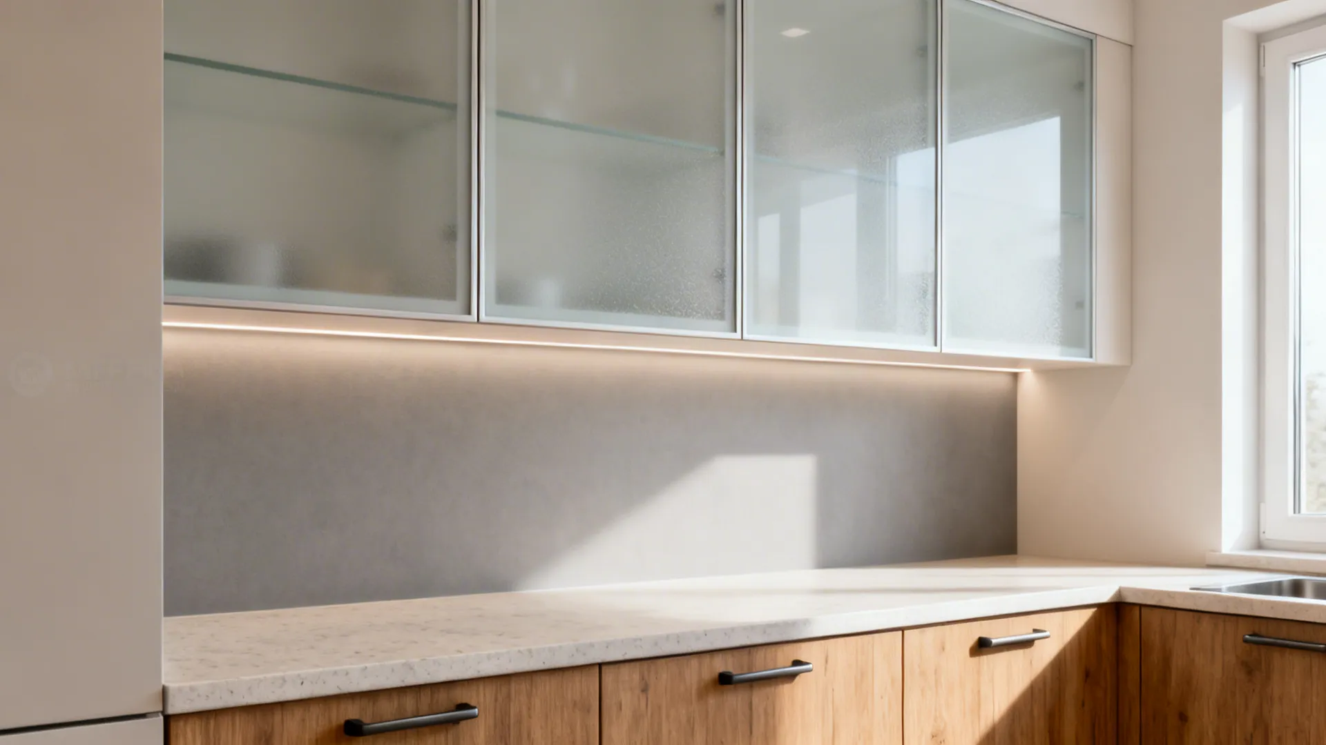 Small kitchen with frosted glass upper cabinets diffusing light above a bright counter.