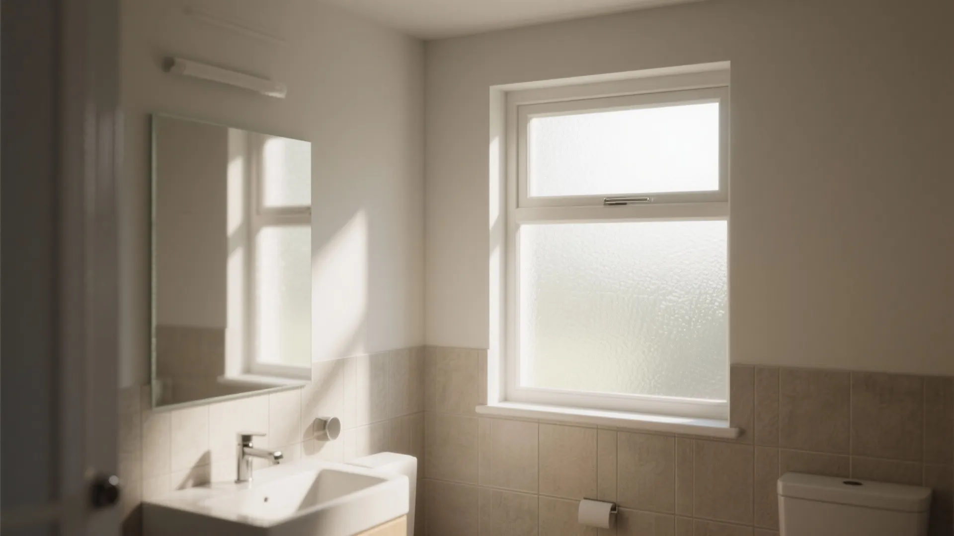 Modern bathroom interior with a frosted glass window white sink mirror and neutral wall tiles