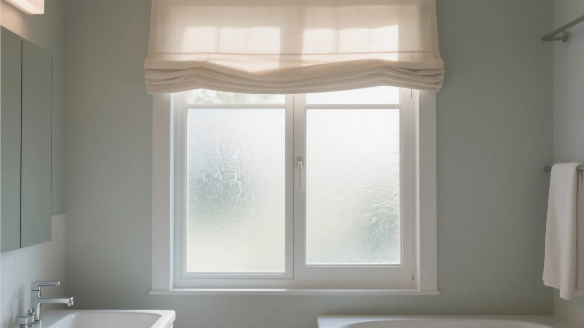 Bathroom with frosted film window and simple fabric valance