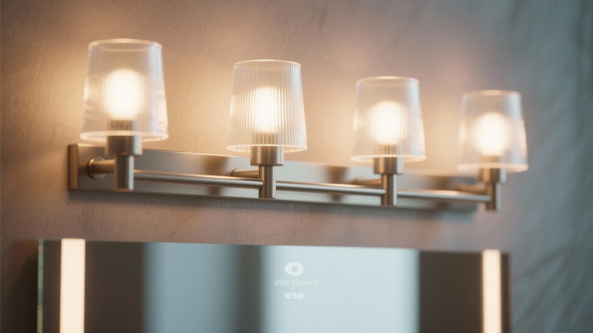 Close up of four glass wall lights on a metal bar above a bathroom mirror