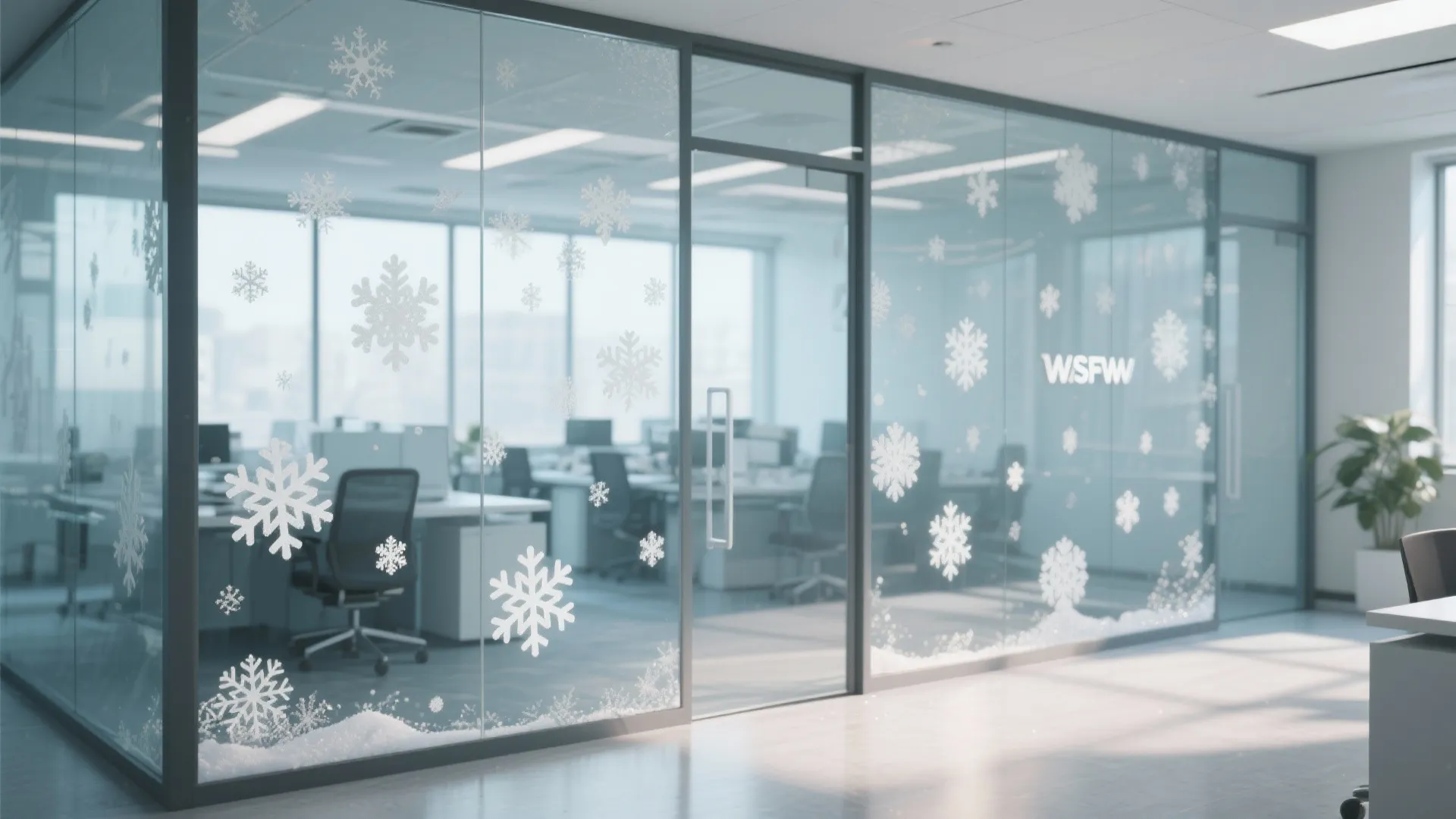 Office glass door with white snowflake stickers showing desks and chairs in a bright workspace