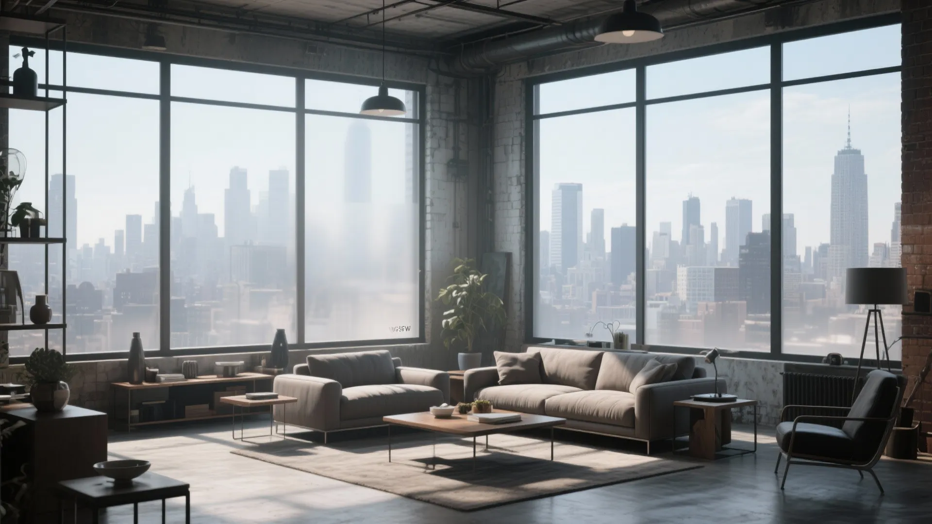 Urban loft with frosted window film on skyline view windows