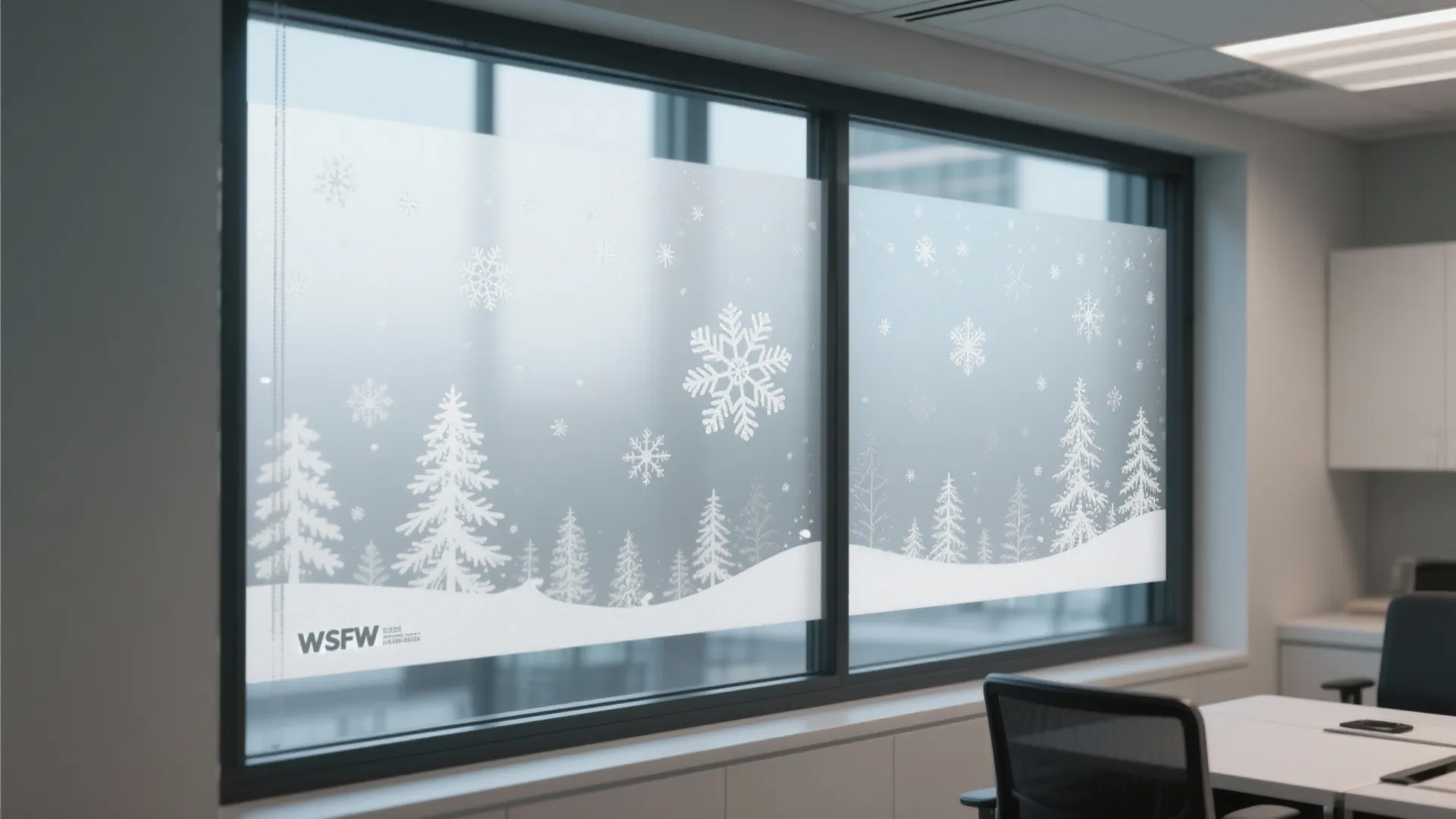 Office window with white frosted film showing a winter scene of snowflakes and pine trees